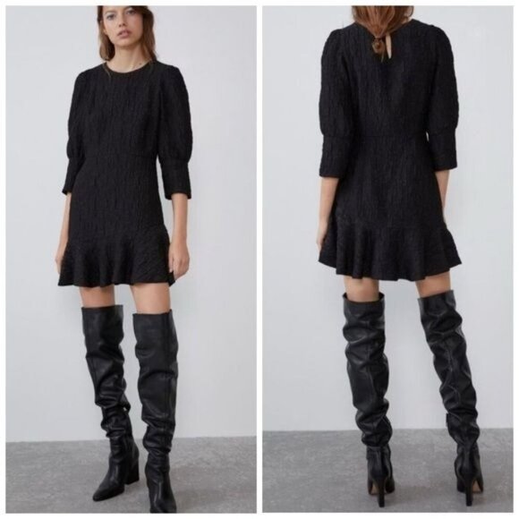Zara Textured Weave Dress Black Puff Princess Sleeve Ruffle Cut-Out BackCrinkle - Picture 1 of 8
